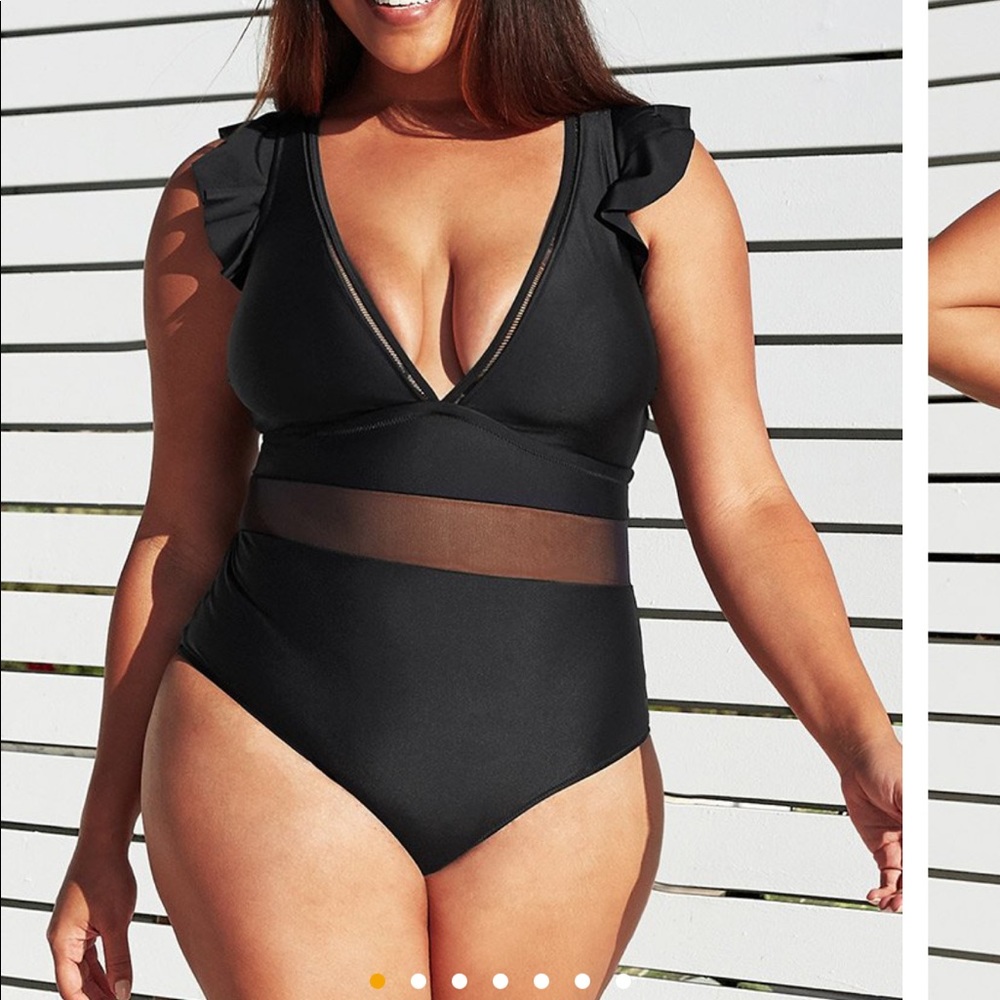 Black ruffle v neck one piece